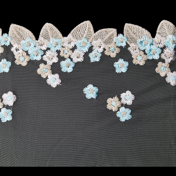 

PandaHall Polyester Lace Ribbon, Embroidery Mesh Ribbon with Leaf Pattern, Light Sky Blue, 7-7/8~8-1/4 inch(200~210mm) Polyester Leaf