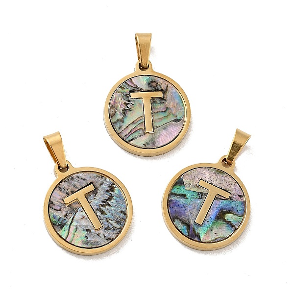 

PandaHall Vacuum Plating 304 Stainless Steel with Paua Shell Pendants, Golden, Flat Round with Letter Charm, Letter.T, 18x16x1.5mm, Hole...