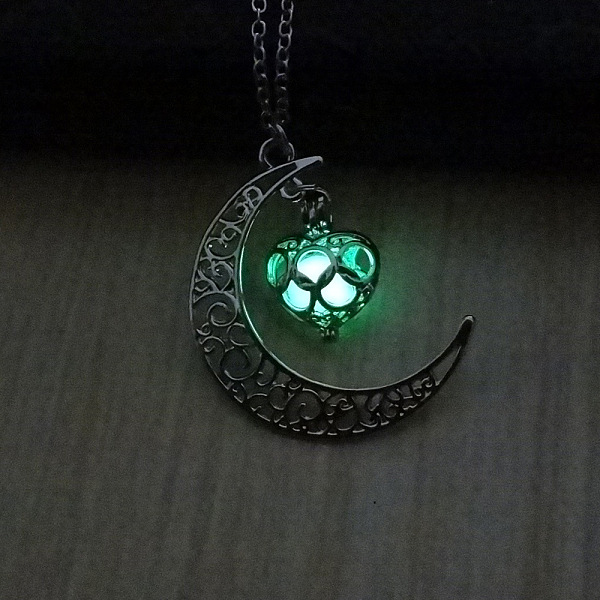 

PandaHall Alloy Moon Cage Pendant Necklace with Luminaries Stone, Glow In The Dark Jewelry for Women, Light Green, 17.72 inch(45cm) Alloy