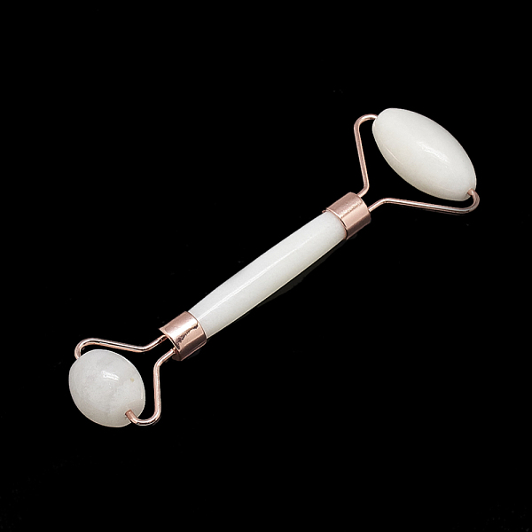 PandaHall Natural White Jade Massage Tools, Facial Rollers, with Brass Findings, Rose Gold, 13.5~15.3x4~6x2~2.05cm White Jade Others