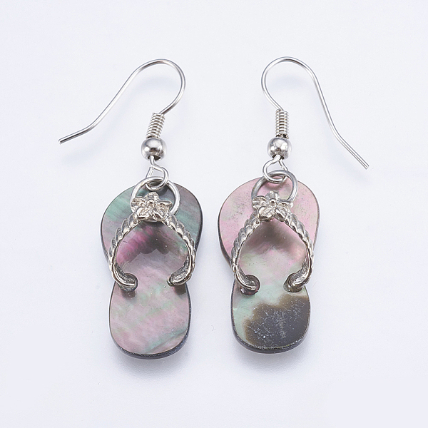 

PandaHall Natural Black Shell Dangle Earrings, with Brass Findings, Flip Flops, Black, 40~41mm, Pin: 0.7mm Shell Black