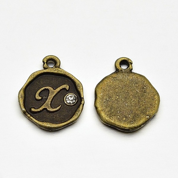 

PandaHall Antique Bronze Plated Alloy Rhinestone Charms, Flat Round with Letter.X, Nickel Free, 13x10x1.5mm, Hole: 1mm Alloy+Rhinestone..., Clear