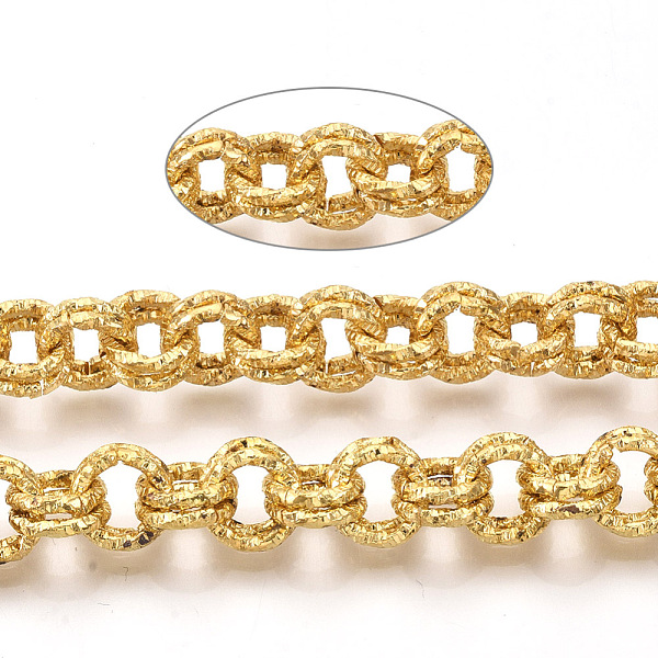 

PandaHall Iron Rolo Chains, Double Link Chains, Unwelded, with Spool, Textured, Golden, Link: 9x1.5mm, about 39.37 Feet(12m)/roll Iron