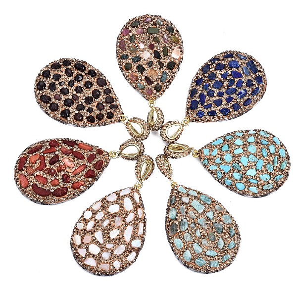 

PandaHall Polymer Clay Rhinestone Pendants, with Gemstone Chip/Natural Shell Chip and PU Leather, Teardrop, Golden, 53~56x37~39x6~8mm, PP12..., Multicolor