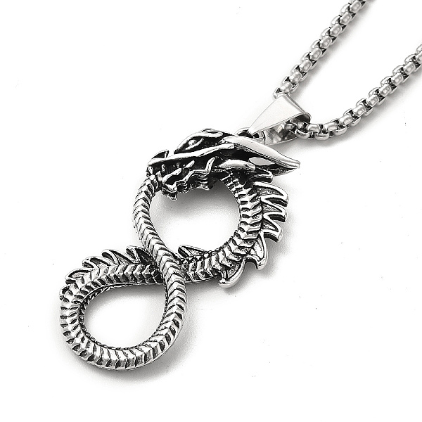 

PandaHall Alloy Dragon Infinity Pandant Necklace with Box Chains, Gothic Jewelry for Men Women, Antique Silver, 23.62 inch(60cm) Alloy