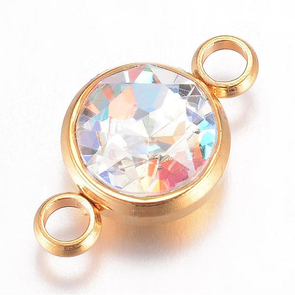 

PandaHall K9 Glass Links connectors, Faceted, with 304 Stainless Steel Findings, Ion Plating (IP), Flat Round, Golden, Crystal AB..., Pink