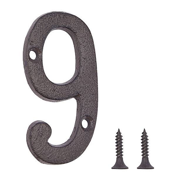 PandaHall Iron Home Address Number, with 2pcs Screw, Num.9, Num.9: 76x38x5mm, Hole: 5mm Iron Number