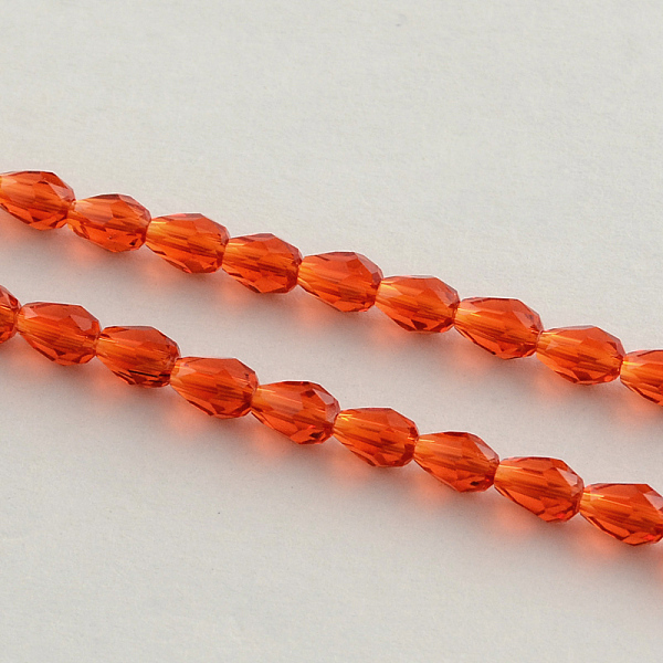 

PandaHall Transparent Glass Bead Strands, Faceted, teardrop, Orange Red, 5x3mm, Hole: 1mm, about 99~101pcs/Strand, 19.7 inch Glass Teardrop...