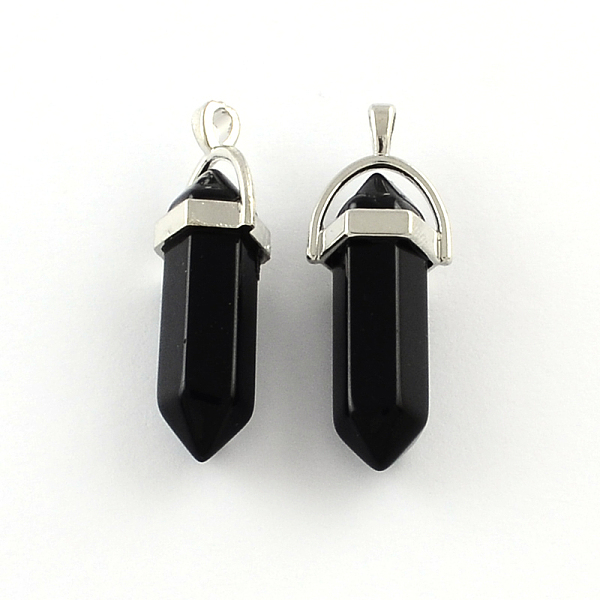 

PandaHall Black Stone Pendants with Alloy Findings, Platinum, 40~42x13.5x10mm, Hole: 2mm Black Agate Others