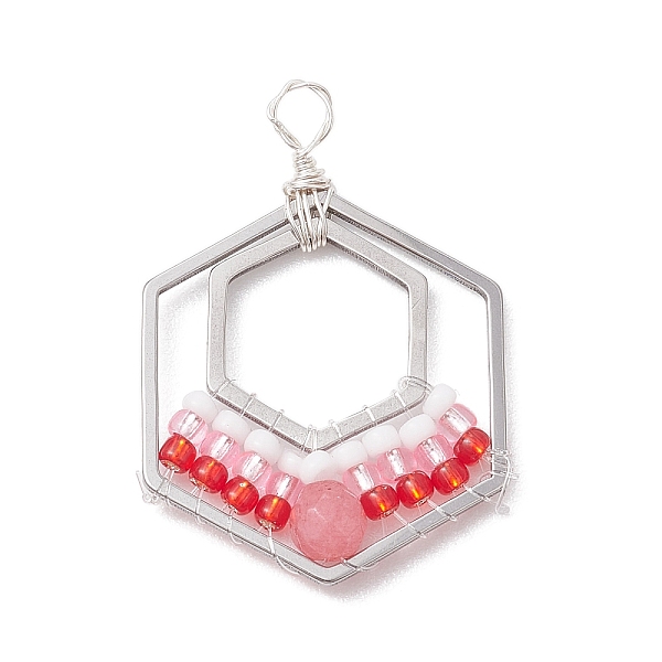 

PandaHall Wire Wrapped Natural White Jade & Glass Bead Pendants, 304 Stainless Steel Hexagon Charm, 29x20.5x2mm, Hole: 3mm White Jade...