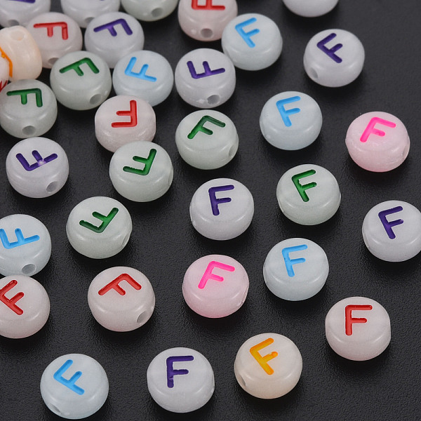 

PandaHall Acrylic Beads, Glow in the Dark, with Enamel and Luminous, Horizontal Hole, Flat Round with Alphabet, Letter.F, 6.5x7x4mm, Hole..., Multicolor