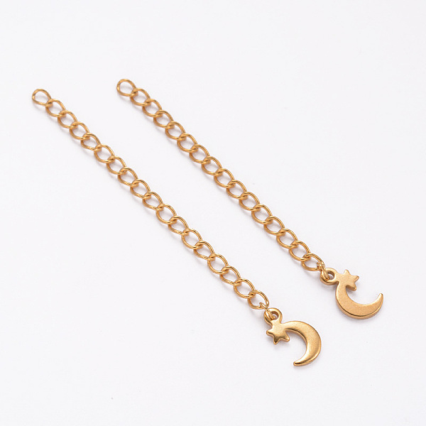 

PandaHall Ion Plating(IP) 304 Stainless Steel Chain Extender, with Moon Charms, Golden, 62~70mm, Ring: 4x3x0.5mm, Moon: 11x7x1mm, ring...