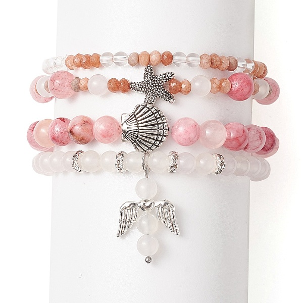 

PandaHall 4Pcs 4 Style Natural Mixed Gemstone Beaded Stretch Bracelets Set, Shell & Starfish & Fairy Alloy Charms Stackable Bracelets for...