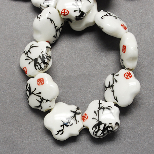 

PandaHall Handmade Printed Porcelain Beads, Flower, Black, 14x15x6mm, Hole: 3mm Porcelain Flower Black