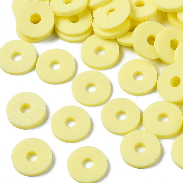 

PandaHall Handmade Polymer Clay Beads, Disc/Flat Round, Heishi Beads, Champagne Yellow, 8x0.5~1mm, Hole: 2mm, about 13000pcs/1000g Polymer...