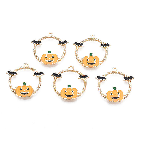 

PandaHall Halloween Alloy Enamel Pendants, Cadmium Free & Nickel Free & Lead Free, Ring with Pumpkin & Bat, Light Gold, Sandy Brown...