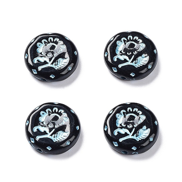 

PandaHall Opaque Acrylic Beads, Metal Enlaced, Flat Round with Flower Pattern, Black, 17.5~18x5~5.5mm, Hole: 1.8mm, about 399pcs/500g...