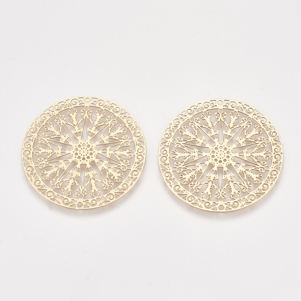 

PandaHall Brass Filigree Joiners Links, Etched Metal Embellishments, Flat Round, Light Gold, 30x0.3mm, Hole: 1.2mm Brass Flat Round
