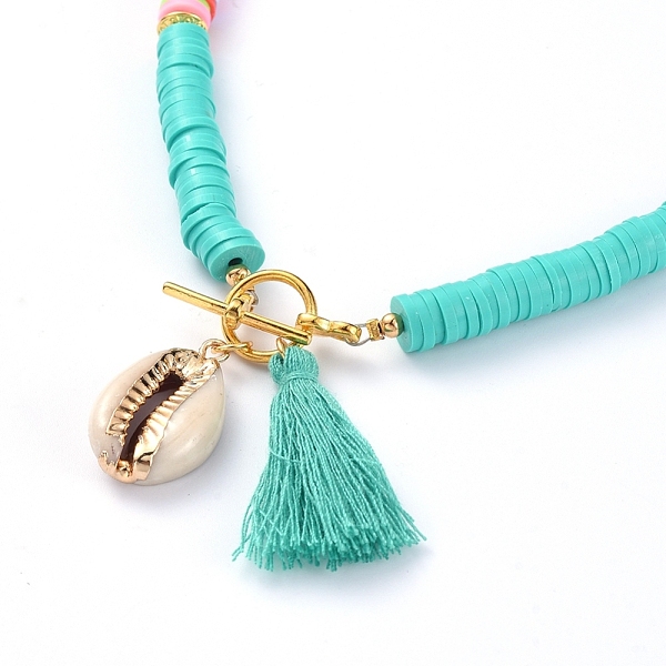 

PandaHall Handmade Polymer Clay Heishi Beads Necklaces, with Cotton Thread Tassel Pendants and Natural Cowrie Shell Pendants, Dark Turquoise..., Cyan