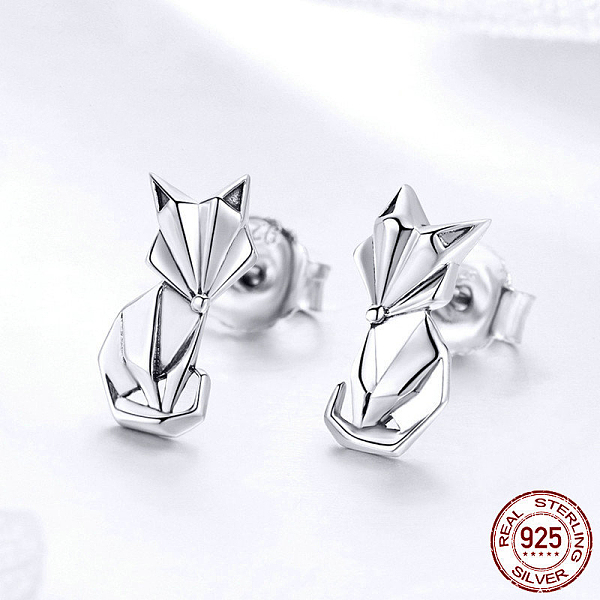 PandaHall 925 Sterling Silver Stud Earrings, Carved 925, Fox, Antique Silver, 13x7mm Sterling Silver PandaHall 925 Sterling Silver Stud Earrings, Carved 925, Fox, Antique Silver, 13x7mm Sterling Silver