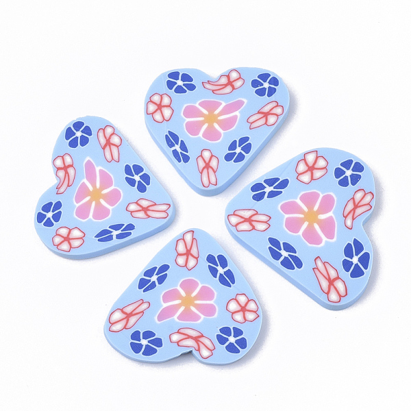 PandaHall Handmade Polymer Clay Cabochons, Heart with Flower, Light Sky Blue, 17~22x20~23x2mm Polymer Clay Heart