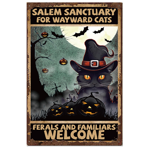 PandaHall SUPERDANT Halloween Metal Tin Sign Black Cat Vintage Metal Sign Salem Sanctuary Tin Painting Plaque Welcome Wall Art Poster for...