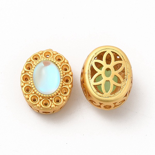 

PandaHall Long-Lasting Rack Plating Brass Multi-Strand Links, with Synthetic Opal, Oval with Hollow Flower, Golden, 14x12x9mm, Hole: 2mm...
