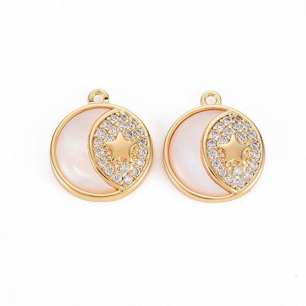 

PandaHall Brass Micro Pave Clear Cubic Zirconia Charms, with Freshwater Shell, Nickel Free, Flat Round with Moon, Real 18K Gold Plated...