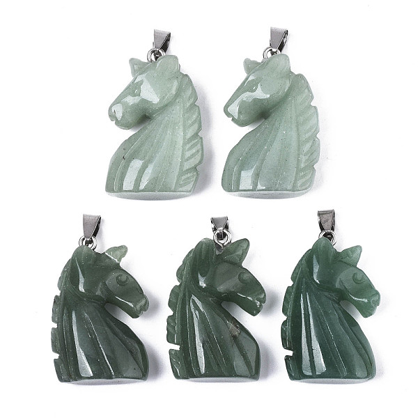 PandaHall Carved Natural Green Aventurine Pendants, with Stainless Steel Bails, Unicorn, Stainless Steel Color, 38~41x11~14x24~25mm, Hole...