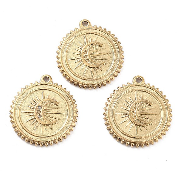 

PandaHall 304 Stainless Steel Pendant Rhinestones Setting, Flat Round with Moon Charm, Golden, 20x18.5x2mm, Hole: 1mm, Fit for 0.8mm...