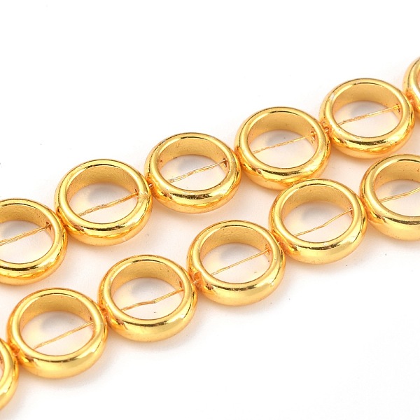 PandaHall Non-magnetic Synthetic Hematite Beads Strands, Galvanic Plating(Color Retention for 1 Year), Ring, Golden Plated, 10x3mm, Hole...
