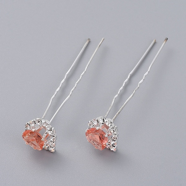 

PandaHall (Defective Closeout Sale), Lady's Hair Accessories, Silver Color Plated Iron Hair Forks, with Glass Rhinestone, Heart, Light..., Red