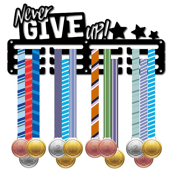 

PandaHall Fashion Iron Medal Hanger Holder Display Wall Rack, 3-Line, with Screws, Inspiring Quote Never Give Up, Word, 130x290mm Iron Word