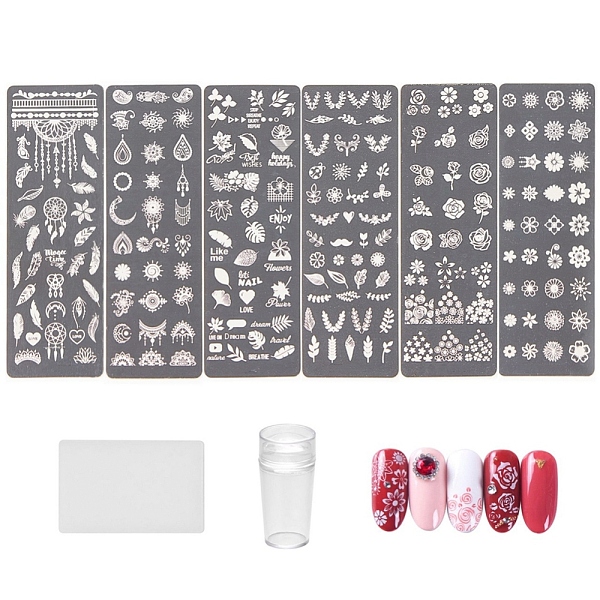 PandaHall Manicure Tool Sets, with Stainless Steel Nail Art Stamping Plates, Nail Image Templates, Silicone Nail Art Seal Stamp and Scraper...