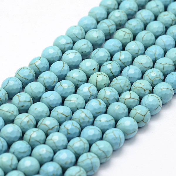 

PandaHall Faceted Synthetical Turquoise Beads Strands, Round, Dyed, Sky Blue, 6mm, Hole: 1.5mm, about 68~69pcs/strand, 14.7 inch Synthetic...