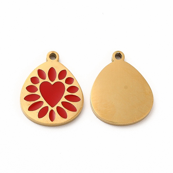

PandaHall Ion Plating(IP) 304 Stainless Steel Enamel Pendants, Teadrop with Heart Pattern, Red, 15x12x1mm, Hole: 1.2mm Alloy+Enamel Heart...