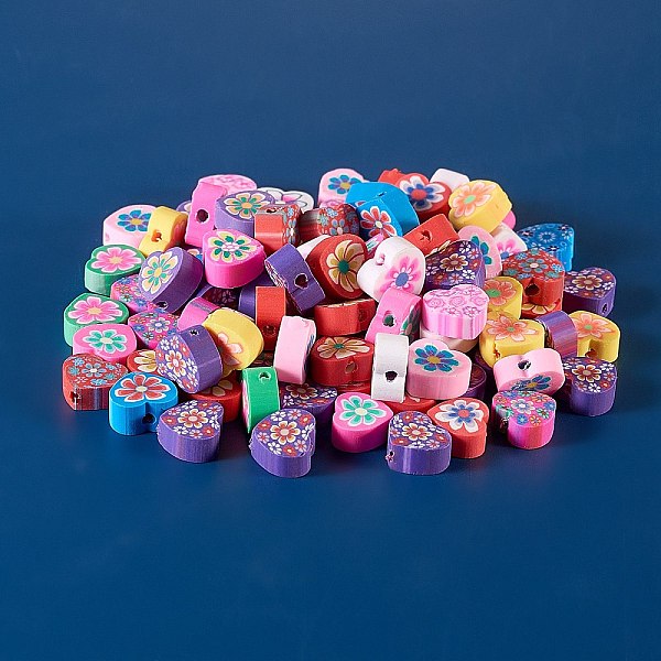 

PandaHall 100Pcs Handmade Polymer Clay Beads, Heart with Flower Pattern, Mixed Color, 10x10.5x5mm, Hole: 2.5mm Polymer Clay Heart Multicolor