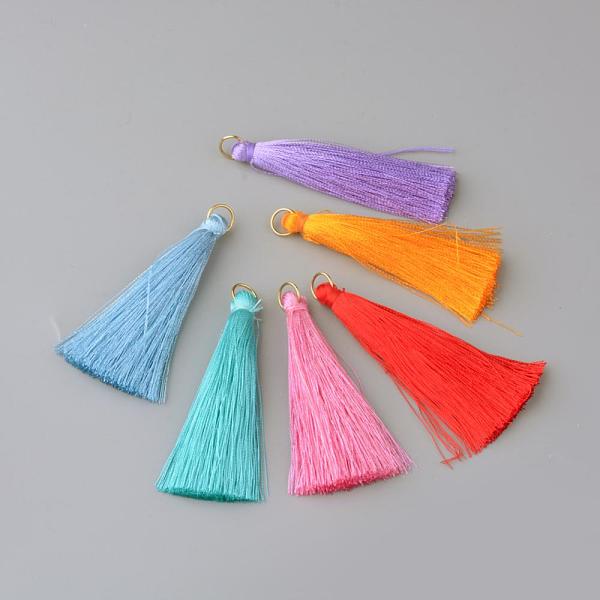 

PandaHall Nylon Thread Tassel Big Pendants Decoration, with Brass Findings, Golden, Mixed Color, 63~66x7mm, Hole: 7mm Nylon Multicolor