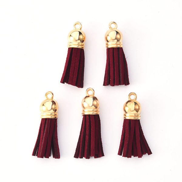 

PandaHall Faux Suede Tassel Pendant Decorations, with CCB Plastic Cord Ends, Light Gold, Dark Red, 33~35x10mm, Hole: 2.5mm Faux Suede