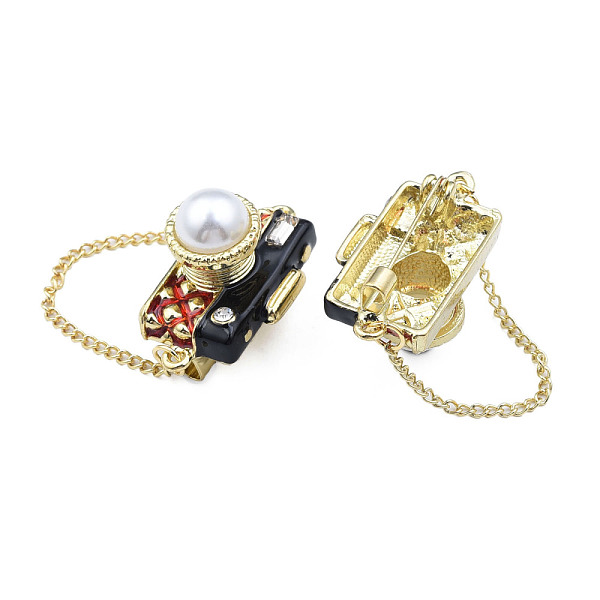 

PandaHall Camera with Dangle Chains Enamel Pin with ABS Plastic Pearl, Light Gold Plated Alloy Badge with Crystal Rhinestone for Backpack..., Red