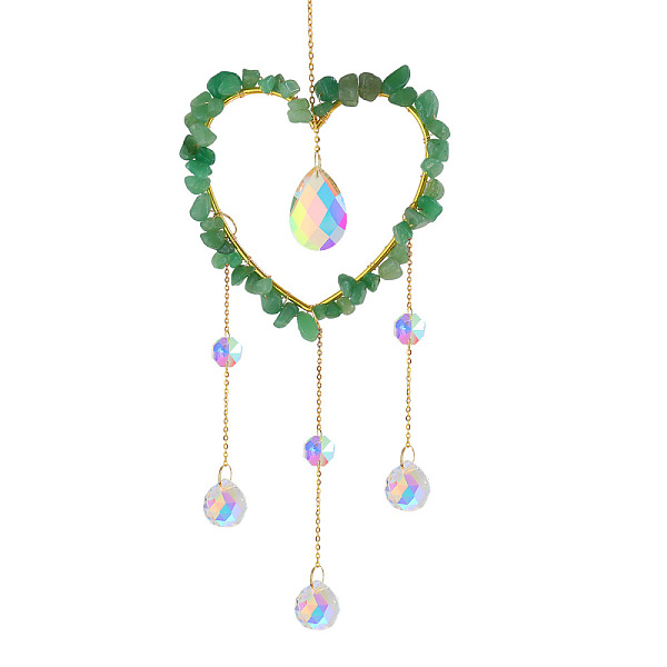 

PandaHall Iron Big Pendant Decorations, Natural Green Aventurine Heart Hanging Sun Catchers, with Brass Findings and Glass, for Garden...