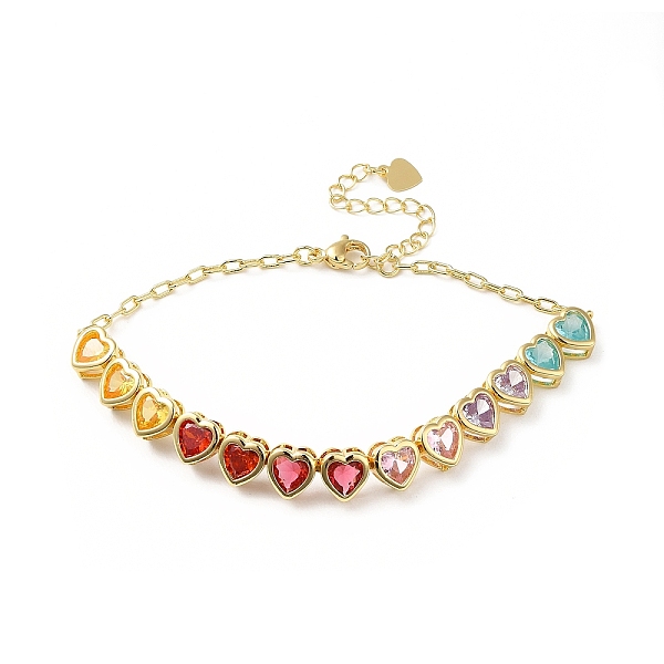 

PandaHall Colorful Cubic Zirconia Heart Link Bracelet, Rack Plating Brass Jewelry for Women, Cadmium Free & Lead Free, Golden, 7-3/8 inch...