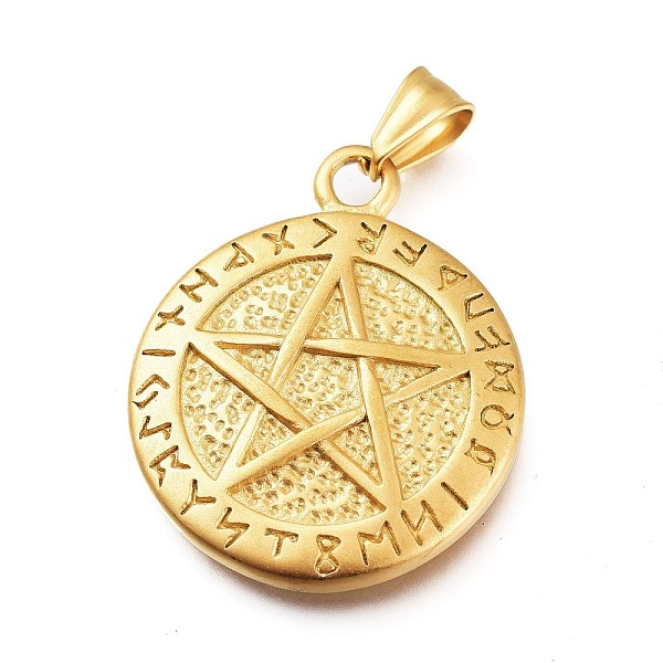 

PandaHall 304 Stainless Steel Pendants, Sandblasting Effect, Flat Round with Star, Matte Gold Color, 30x25x5mm, Hole: 7x3mm 304 Stainless...