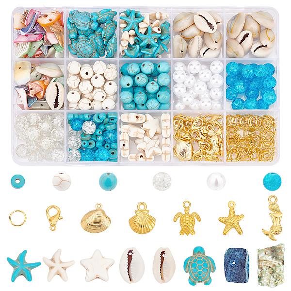 PandaHall DIY Ocean Jewelry Making Finding Kit, Including Starfish & Turtle Synthetic Turquoise & Acrylic Bead, Natural Shell & Alloy &...