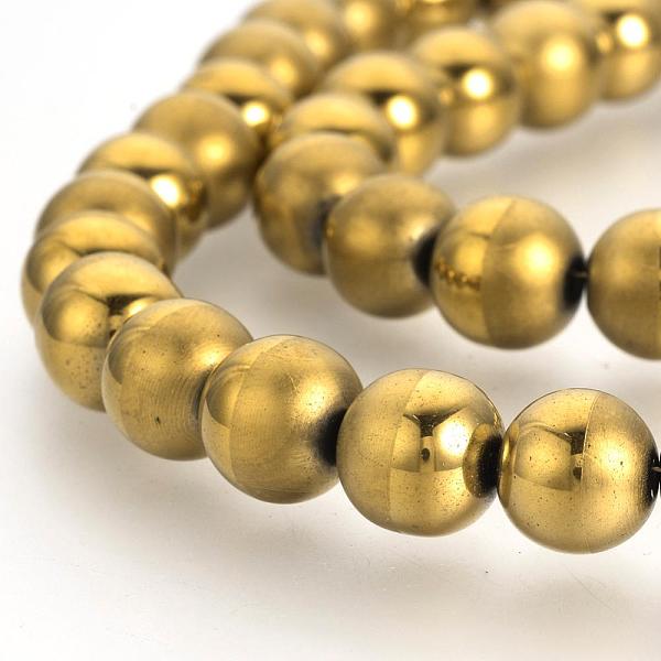 

PandaHall Electroplate Non-magnetic Synthetic Hematite Beads Strands, Matte Style, Round, Golden Plated, 10mm, Hole: 2mm, about 40pcs/strand...