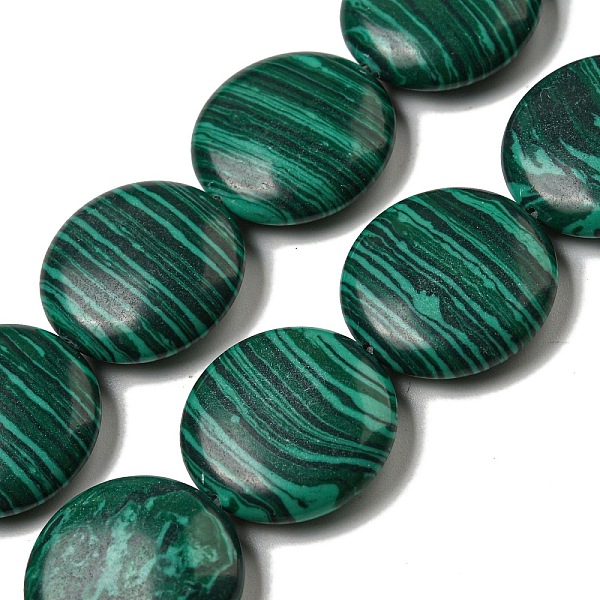 

PandaHall Synthetic Malachite Beads Strands, Flat Round, 20x5.5mm, Hole: 0.6mm, about 20pcs/strand, 15.75''(40cm) Malachite Flat Round