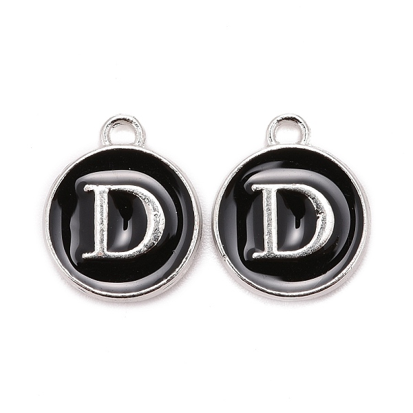 

PandaHall Platinum Plated Alloy Charms, Cadmium Free & Lead Free, with Enamel, Enamelled Sequins, Flat Round with Letter, Letter.D..., Black