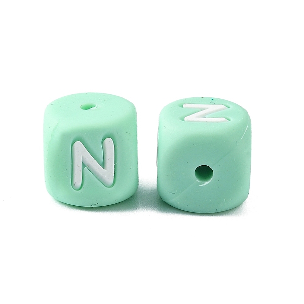 

PandaHall Silicone Beads for Bracelet or Necklace Making, Turquoise Cube with Word, Letter.N, 12x12x12mm, Hole: 3mm Silicone Cube Green