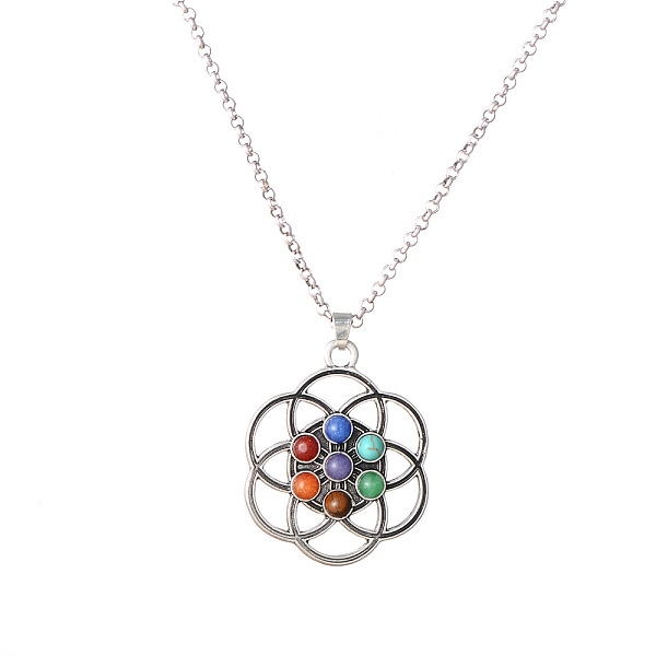 

PandaHall Natural & Synthetic Mixed Stone Beaded Pendant Necklace, Chakra Yoga Theme Alloy Jewelry for Women Men, Flower, 25.98 inch(66cm)...