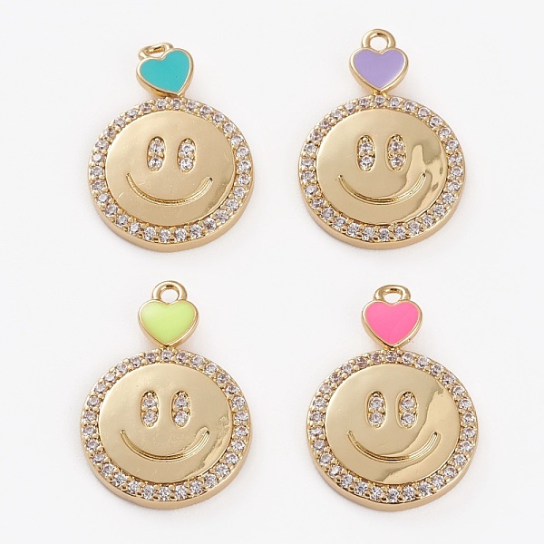 

PandaHall Brass Micro Pave Cubic Zirconia Pendants, with Enamel, Flat Round Smilimg Face, Golden, Mixed Color, 20x15x2.5mm, Hole: 1.4mm..., Multicolor